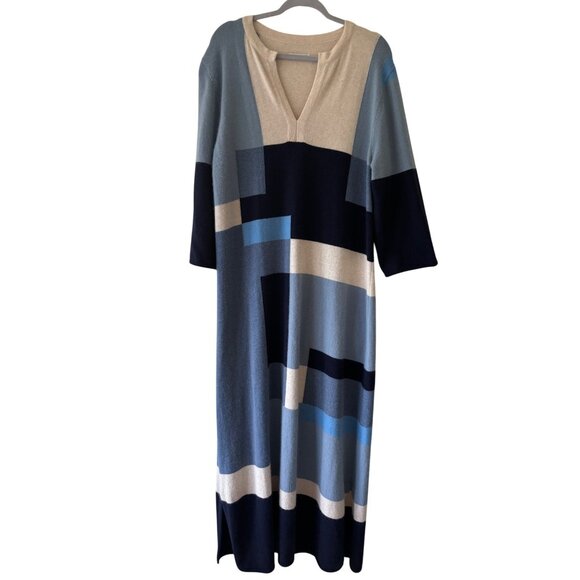 Frances Valentine Knit Blue Navy Color block Maxi Dress Angora Wool - Picture 1 of 10